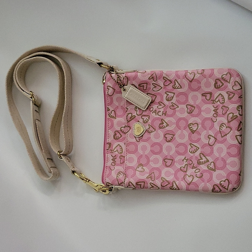 Pink Coach Crossbody Purse with Gold Hearts